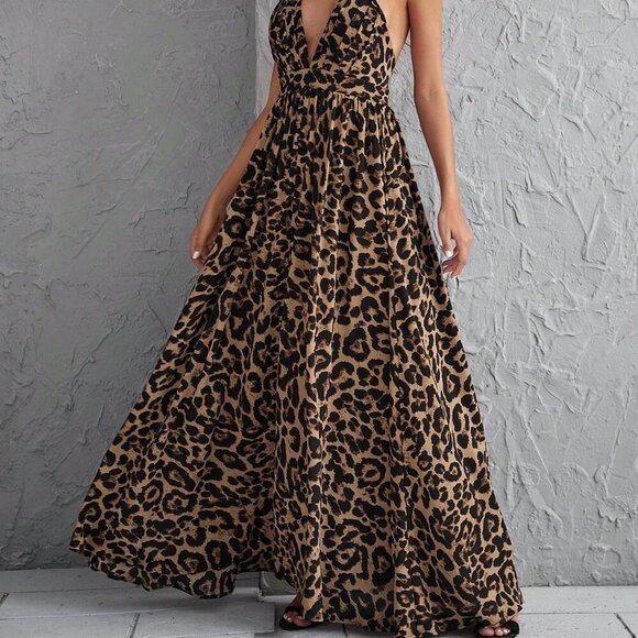 Multicolor Sexy Women's Plunging Neck Crisscross Open Back Leopard Print Dress - Picture 4 of 6